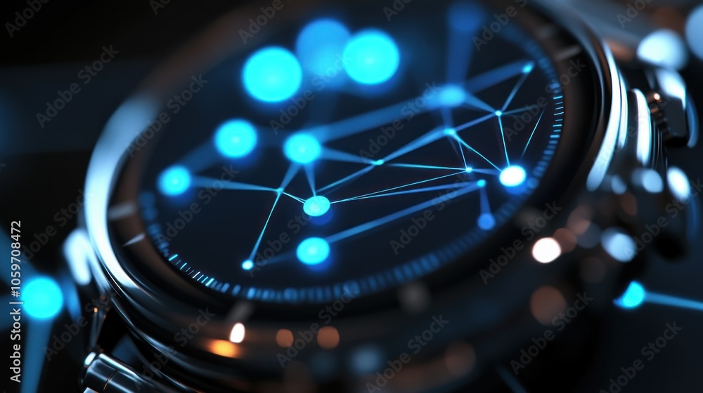 Poster close-up of a futuristic smartwatch with a digital display showing a network of glowing blue dots co