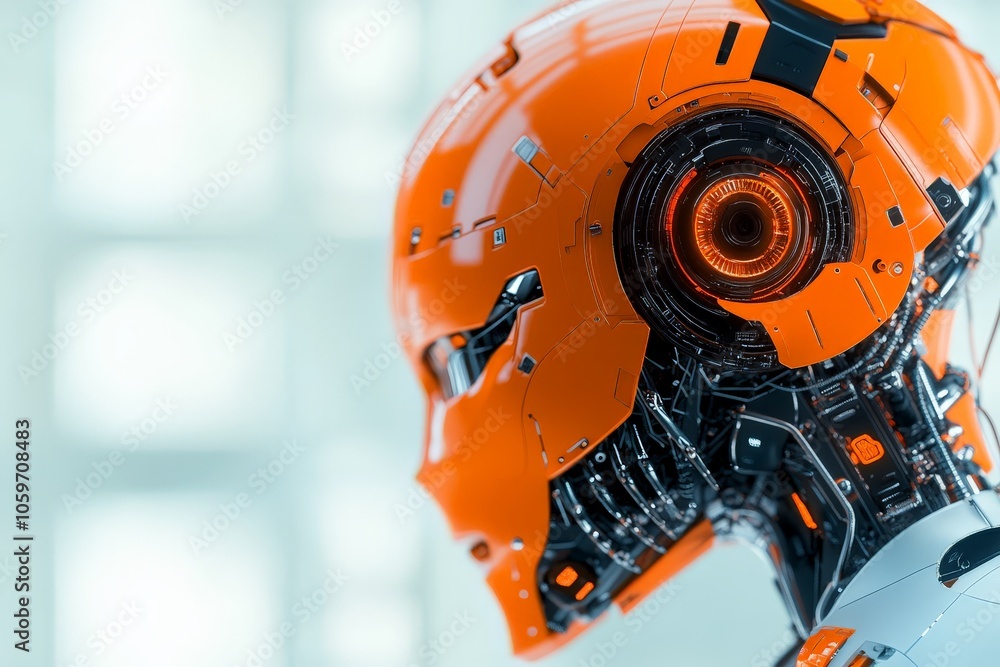 Poster close-up of an orange robot's head showing intricate mechanical components, suggesting advanced tech
