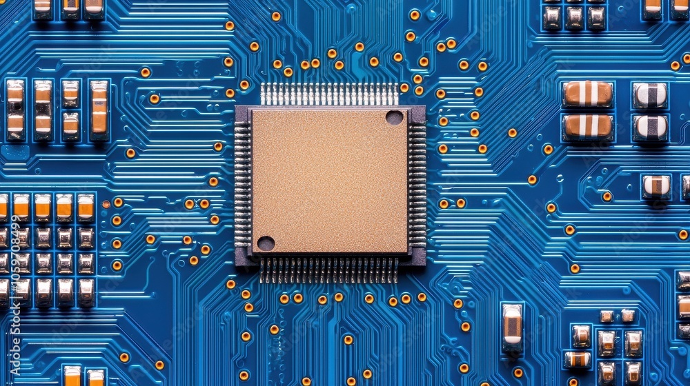 Poster close-up of a microchip on a blue circuit board, highlighting intricate electronic components and co