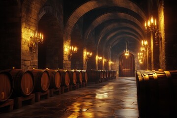Obraz premium A grand royal wine cellar with flickering torches and rows of oak barrels in an ancient setting
