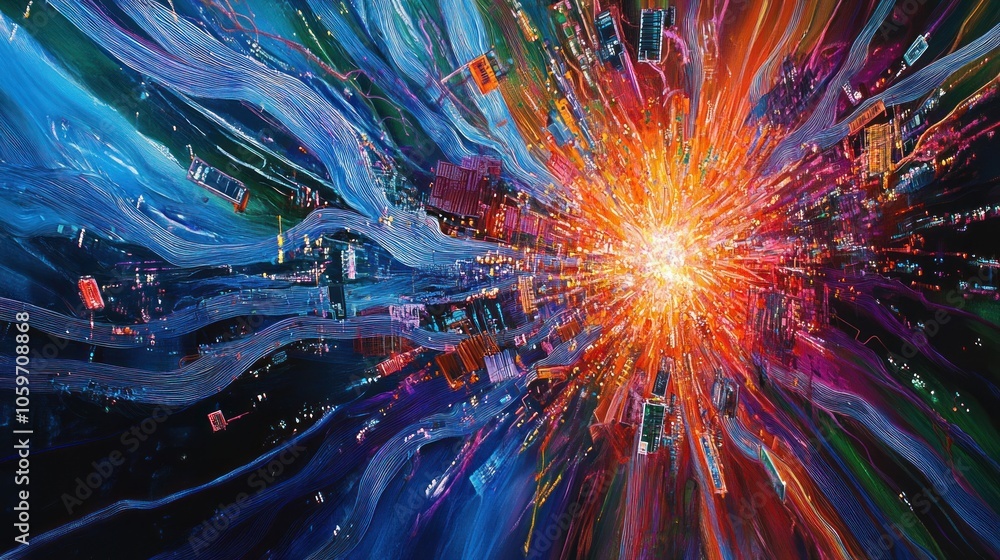 Poster abstract explosion of colorful lines and shapes in 3d space with a bright light at the center.