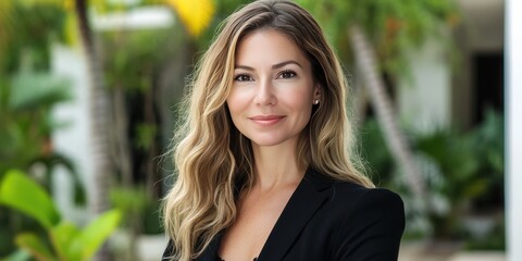 Fototapeta premium Confident Businesswoman in Professional Attire Surrounded by Lush Greenery