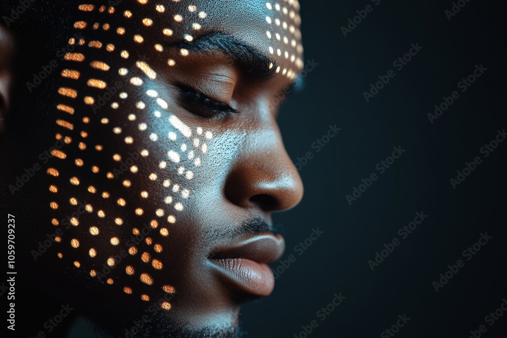Poster close-up profile of a person with dotted light patterns illuminating their face against a dark backg