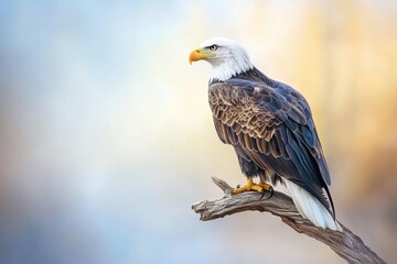 Fototapeta premium A Majestic Eagle Perched Atop a Weathered Branch, Surveying Its Kingdom at Dawn's Golden Light
