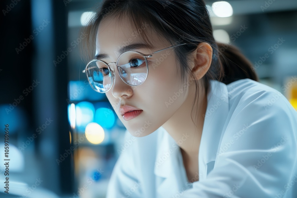 Poster a scientist in glasses, concentrating on analyzing data on a modern computer, symbolizes dedication 