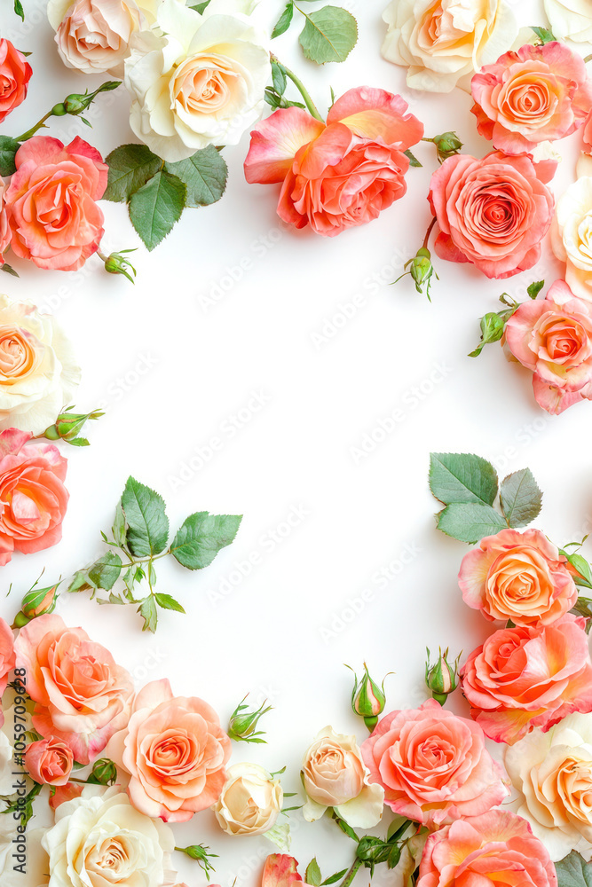 Poster vertical framework from roses on white background. flat lay.