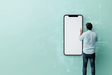 The image displays a man interacting with a large smartphone concept on a mint green background, symbolizing technology and communication in the modern age.