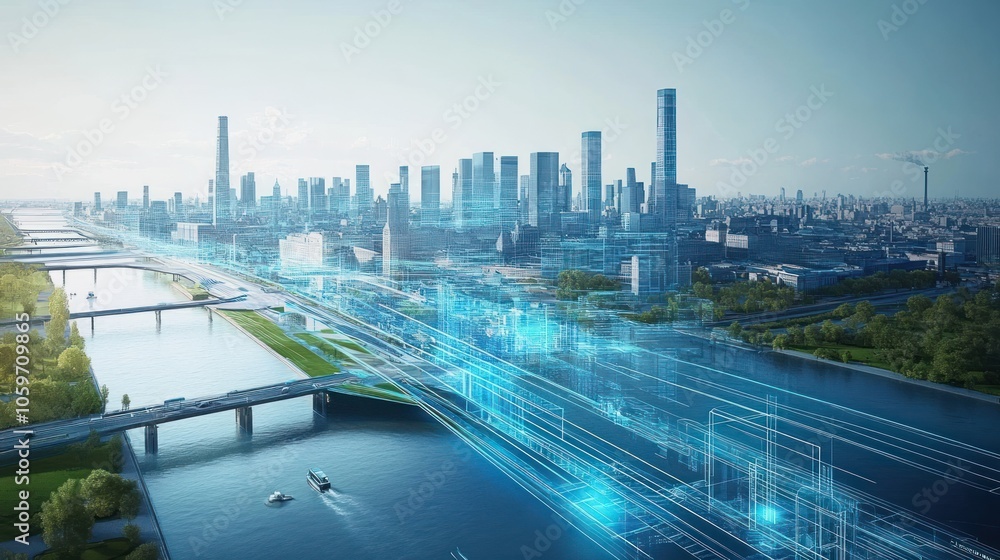 Poster a futuristic city skyline with digital lines representing data flow.