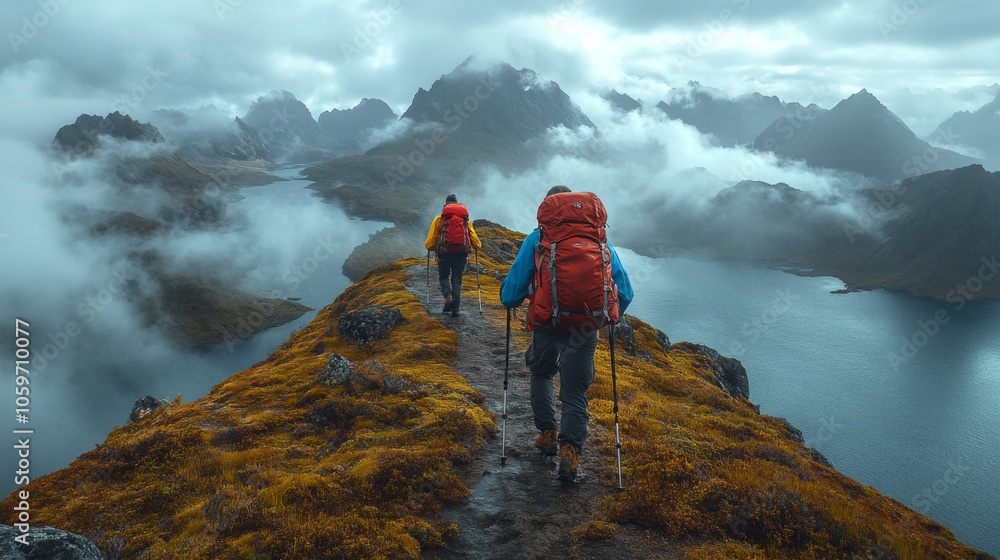 Poster two hikers make their way along a narrow mountain path surrounded by fog and rocky peaks, with a tra