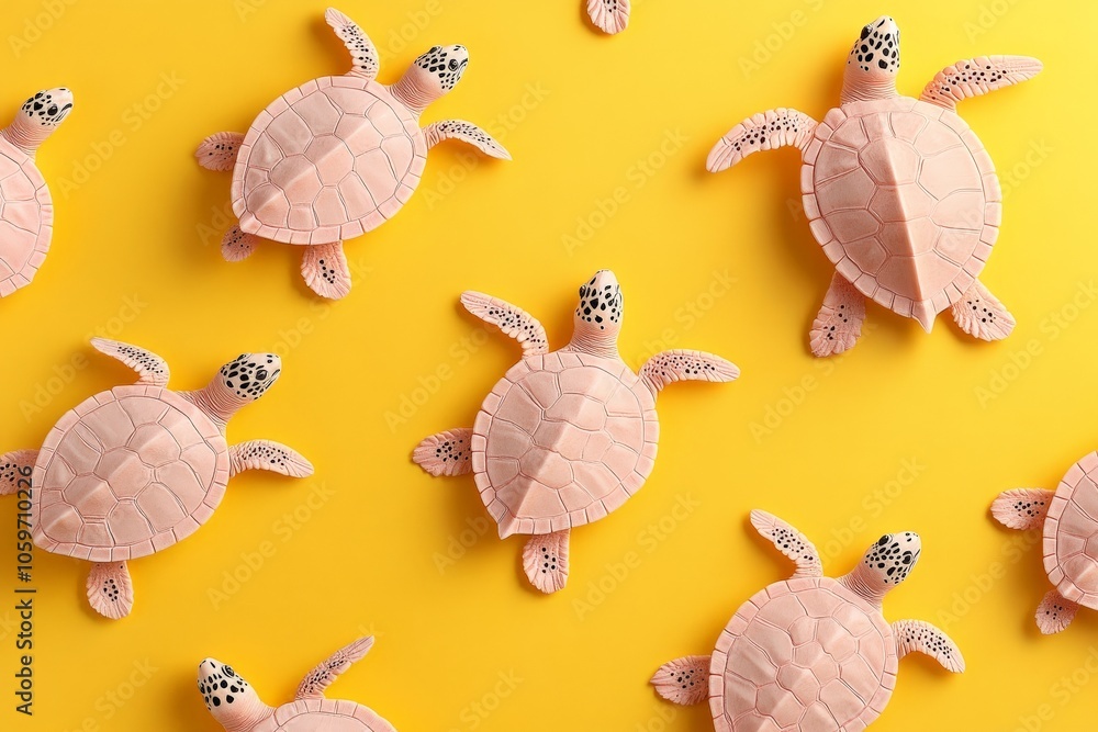 Poster a whimsical pattern of pink turtles spread across a vivid yellow surface, creating a dynamic and liv