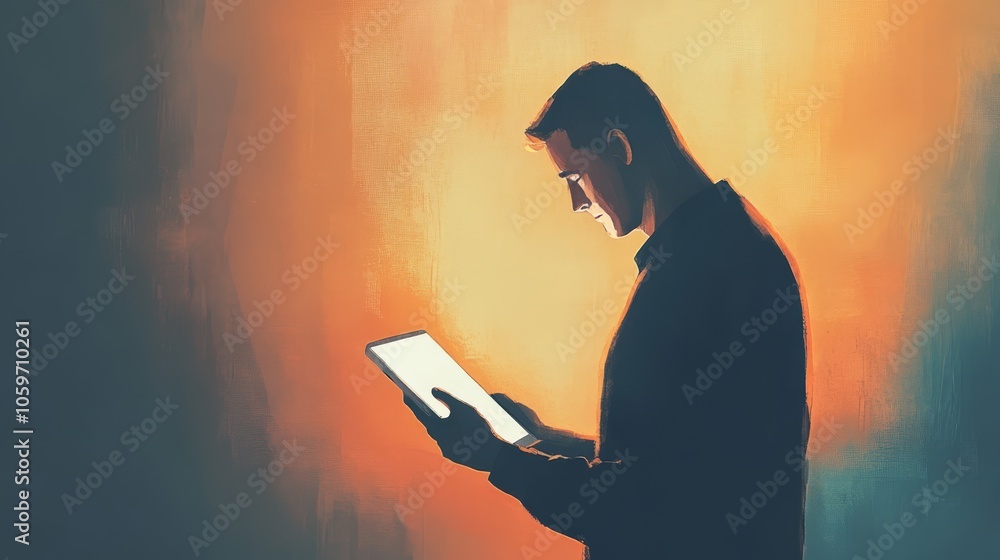 Poster a man is looking at a tablet with a bright screen in front of him. the image is digitally painted.