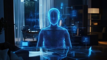 A digital human hologram sits at a desk with futuristic technology.