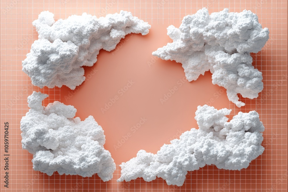 Poster geometric arrays of fluffy white clouds arranged intricately on a soft pink grid background, creatin
