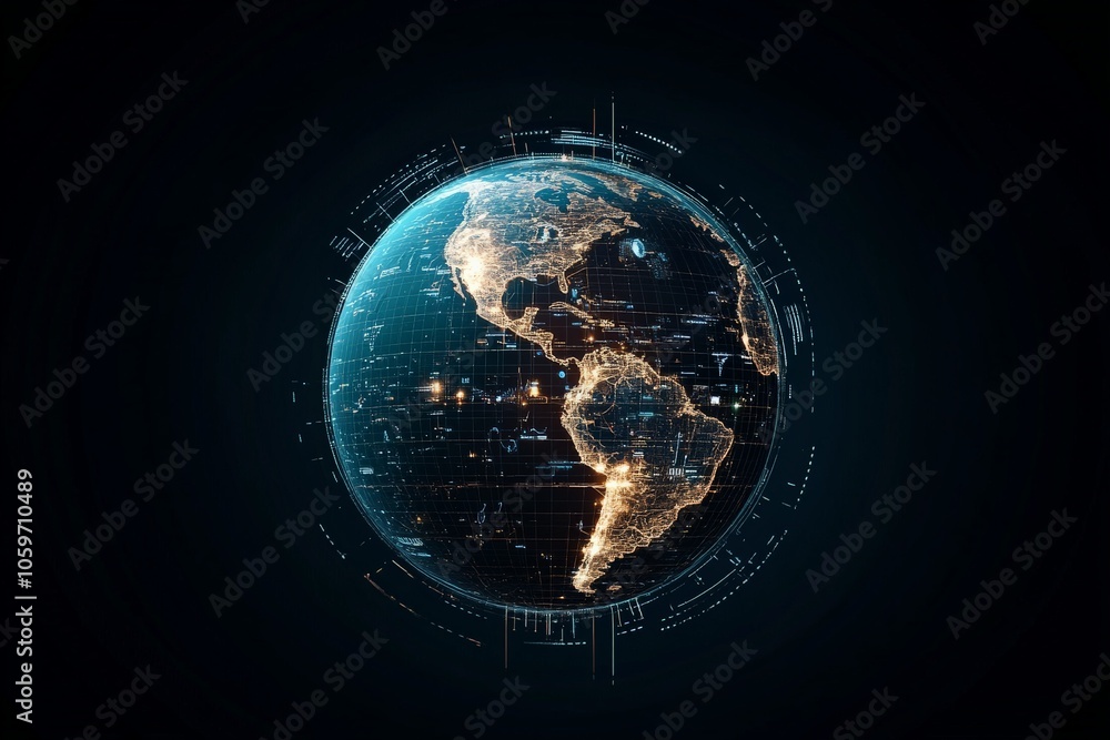 Poster a digital representation of the globe with visible technological grids and illuminated lights, expre
