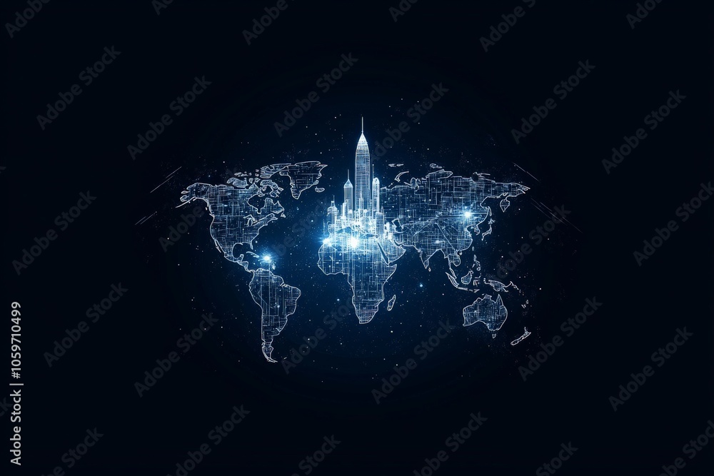 Poster this image features a digital world map combined with a futuristic skyline emerging from the center,