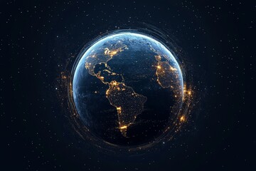 Obraz premium A celestial view of Earth, highlighting vibrant city lights across continents. The image represents unity, connectivity, and the vibrancy of human activity.