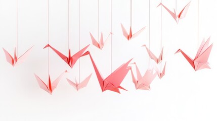 Obraz premium Delicate Pink Origami Cranes Hanging Against a White Background