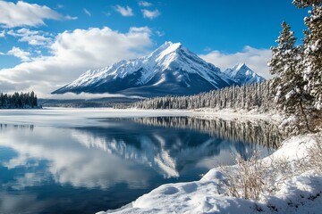 Obraz premium Lac Maligne dans le Parc National de Jasper avec reflets des montagnes en hiver.