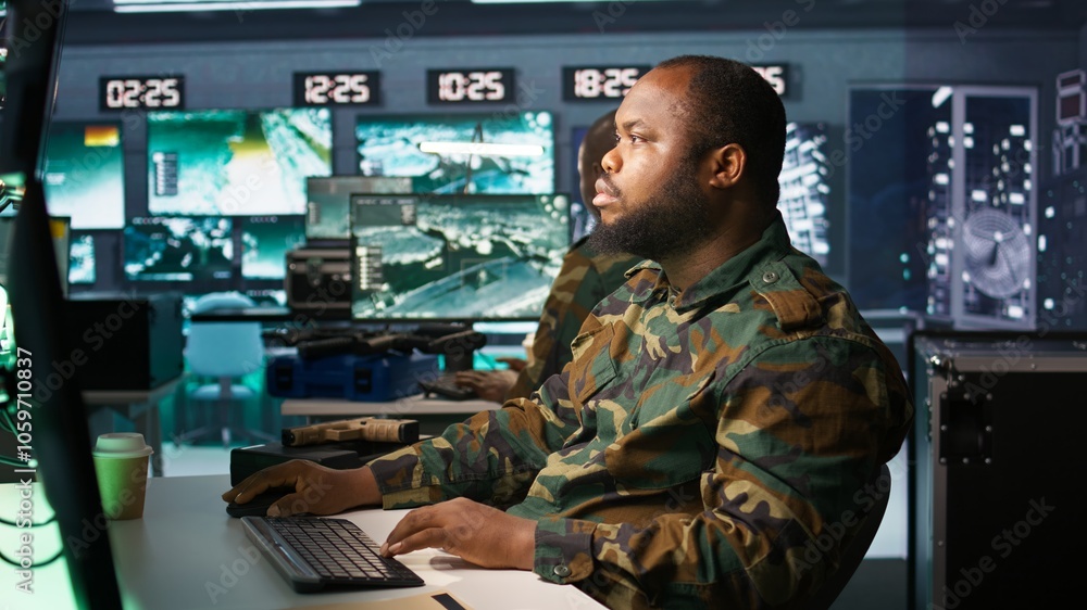 Poster officer doing tasks in military base, planning, analyzing and gathering information on enemy troops.