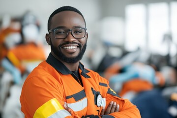 A man with glasses and a distinctive orange coat smiles confidently indoors, exuding warmth and friendliness in a modern setting today.