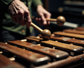 Detailed image of hands skillfully playing a wooden xylophone with mallets, capturing the essence of musical performance and artistry in motion.