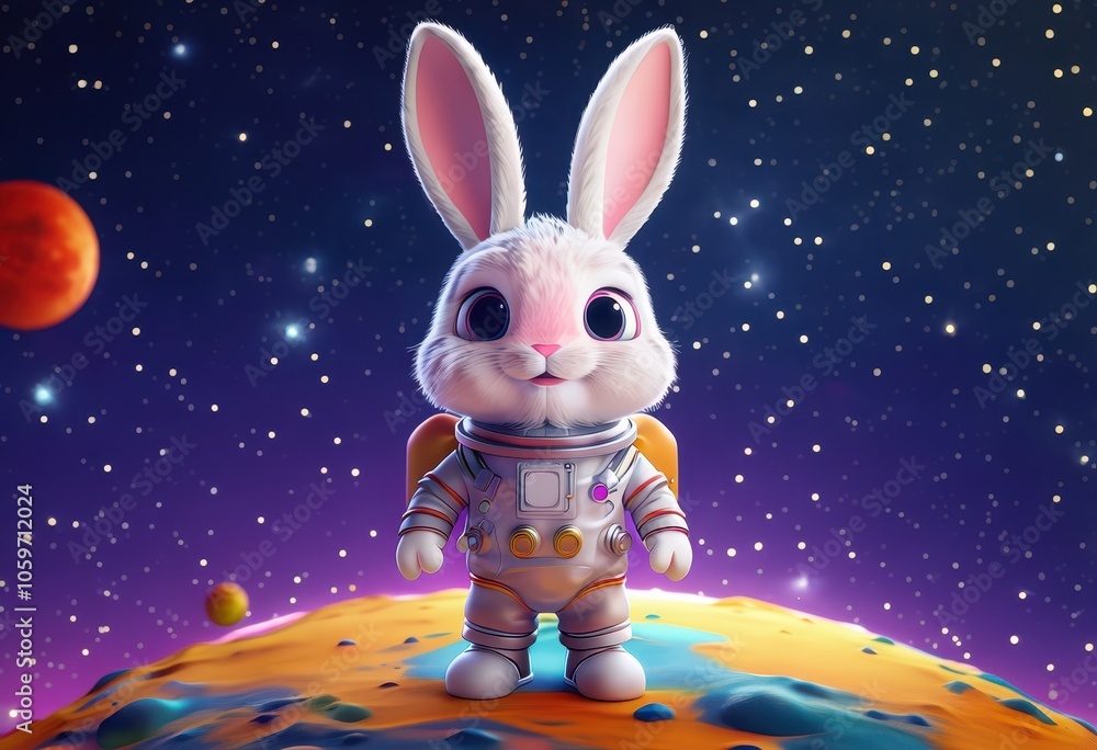 Poster a cute rabbit in an astronaut suit standing on a colorful planet in space.
