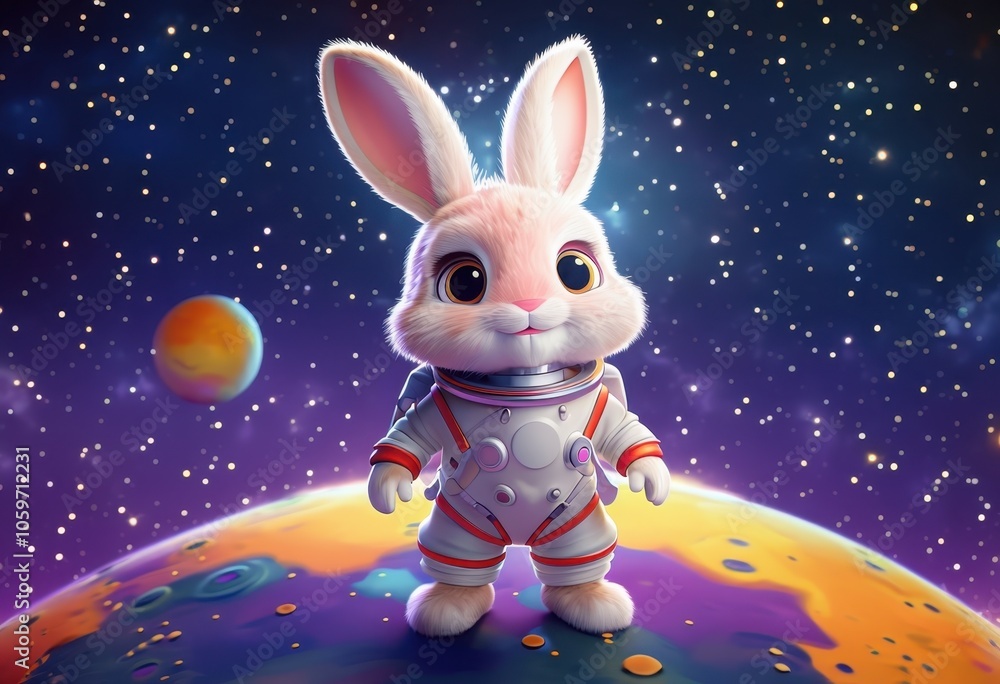 Aufkleber a cute rabbit in a spacesuit stands on a colorful planet with stars in the background.