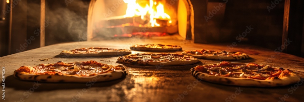 Aufkleber several pizzas are being baked in a wood-fired oven, with flames licking around them, creating a fla