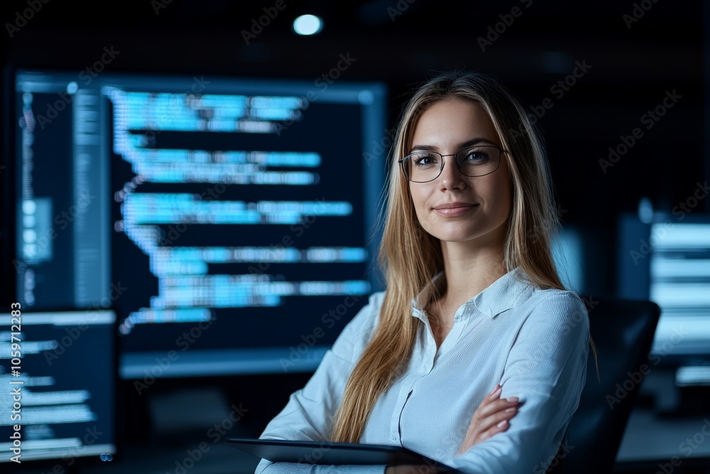 Poster a young professional woman with glasses confidently stands in a high-tech workspace with computer sc