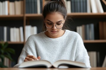 An image of a young woman deeply engaged in reading a book in a library setting, wearing glasses, capturing a moment of intellectual curiosity and academic pursuit.