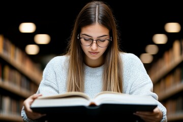 A focused young woman in glasses reads a large book in a library with blurry shelves in the background, highlighting a moment of study and concentration.