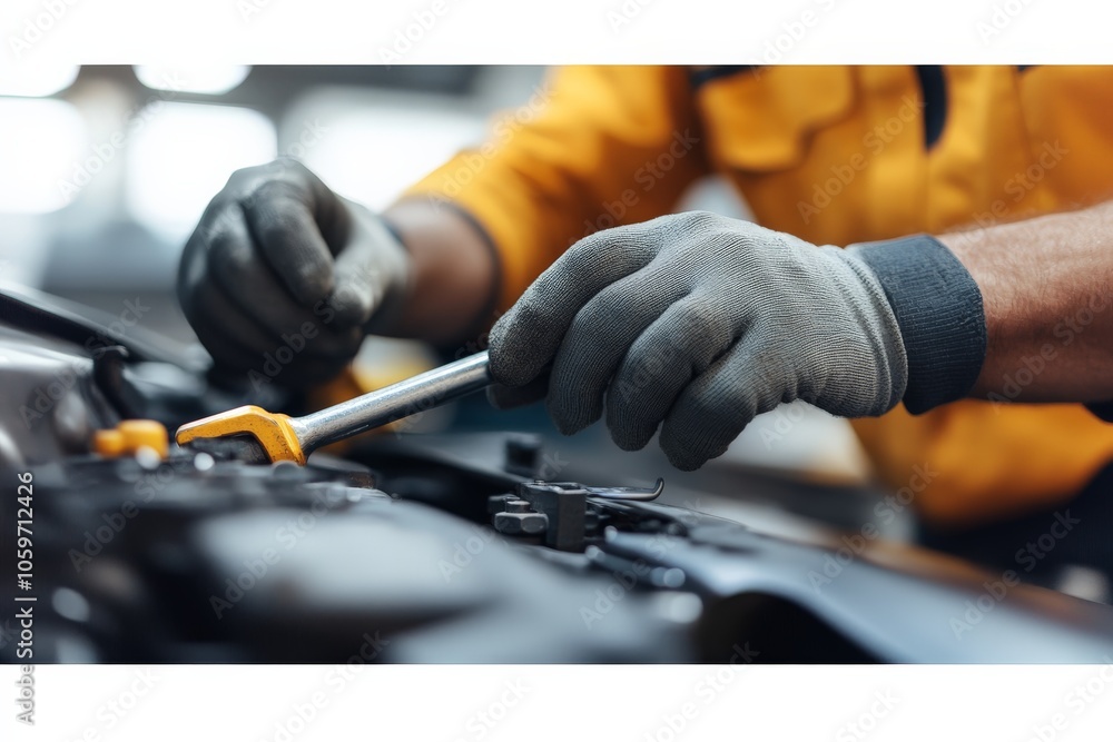 Poster a mechanic wearing gloves is using a wrench to adjust part of an engine, highlighting the precision 