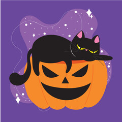 Black cat lounging on a jack-o'-lantern pumpkin, Vector