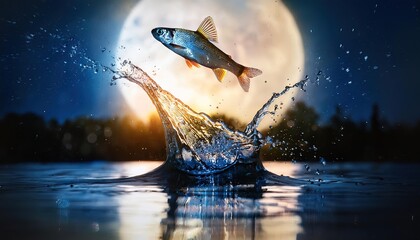 Fototapeta premium Jumping Fish Under a Full Moon