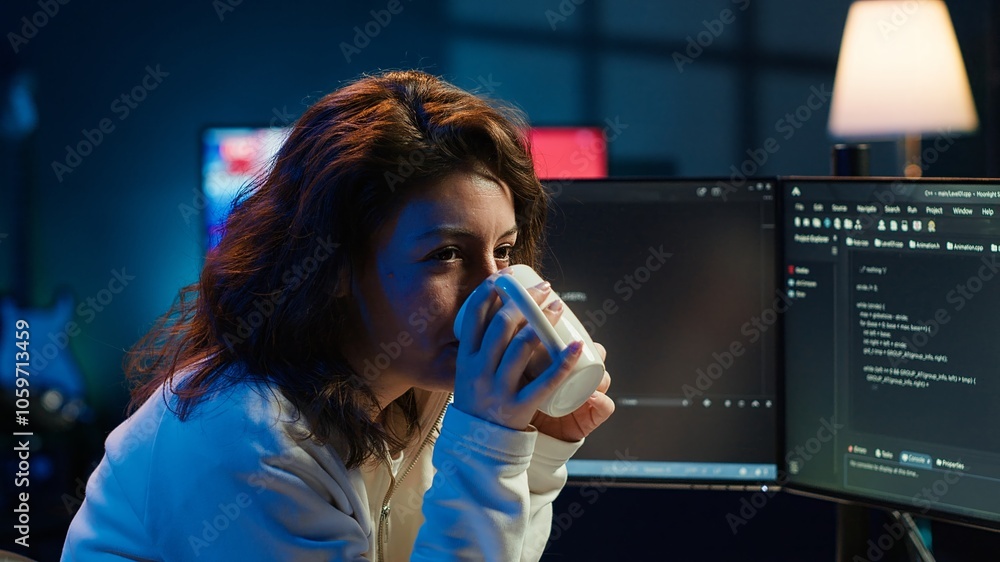 Poster portrait of happy computer engineer enjoying hot tea while implementing security measures to protect