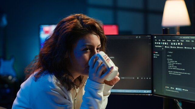 Portrait of happy computer engineer enjoying hot tea while implementing security measures to protect company systems and data. Joyful IT worker holding coffee mug and debugging code, camera A