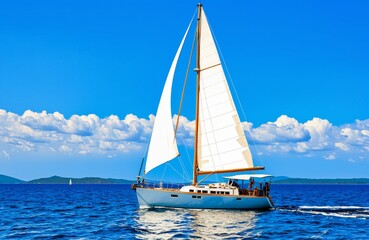 Fototapeta premium Serene sailboat on a clear blue sea under sunny skies