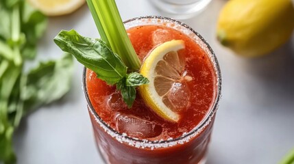 Refreshing spring flat lay with bloody mary cocktail and celery garnish