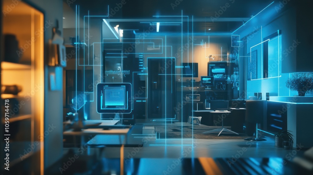 Poster a futuristic office with glowing blue lines and data streams emanating from various electronic devic