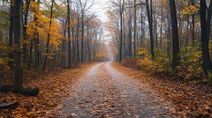 Obraz premium High angle view of a road through an autumn forest 