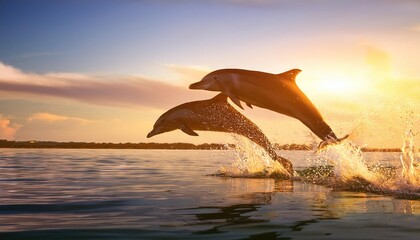 Fototapeta premium Dolphins Jumping Joyfully at Sunset
