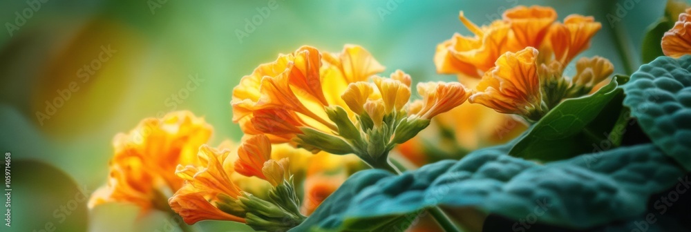 Poster bright orange flowers bloom prominently in a lush garden, illuminated by soft late afternoon sunligh