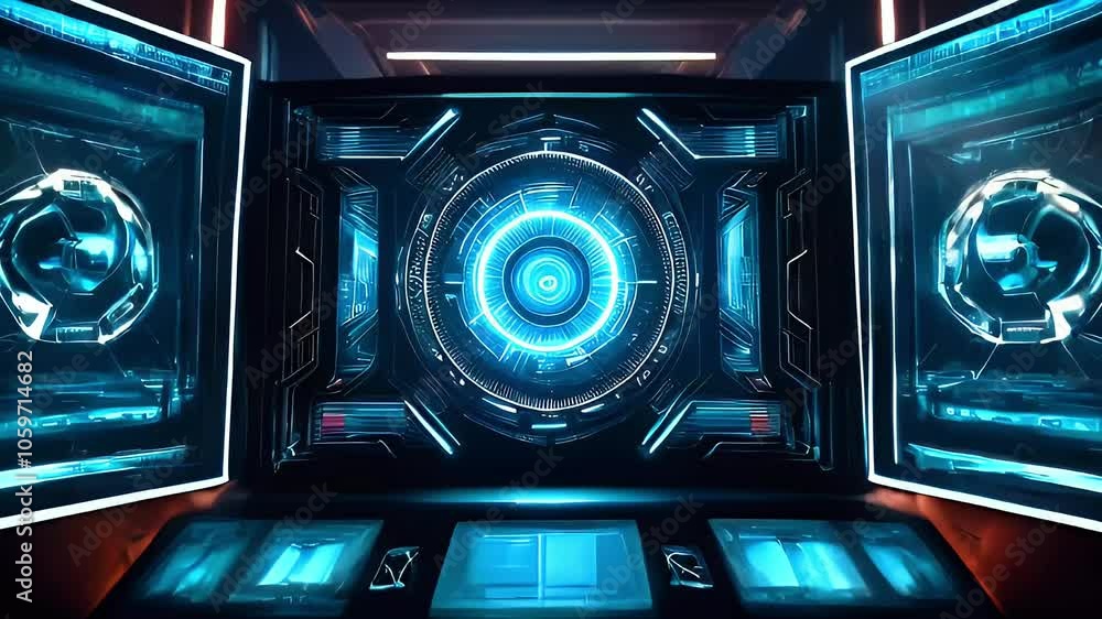 Poster futuristic control room interior with three computer screens and a keyboard.