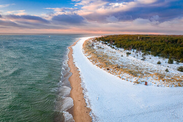 Winter at Baltic Sea and snowy beach.