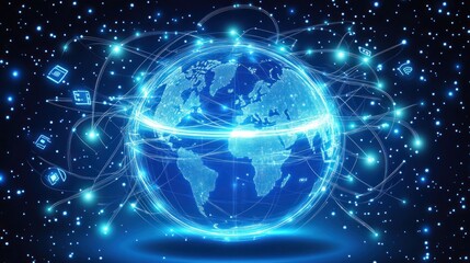 Obraz premium A glowing blue earth globe with connected lines and digital icons, representing global communication and interconnectedness.