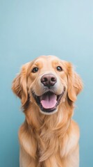 Happy Golden Retriever Portrait Against Blue Background
