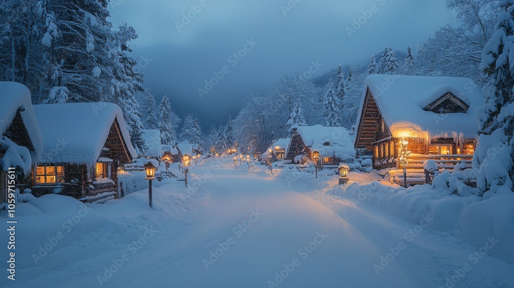 Poster the scene captures a peaceful winter evening in a quaint village, featuring log cabins warmly lit ag