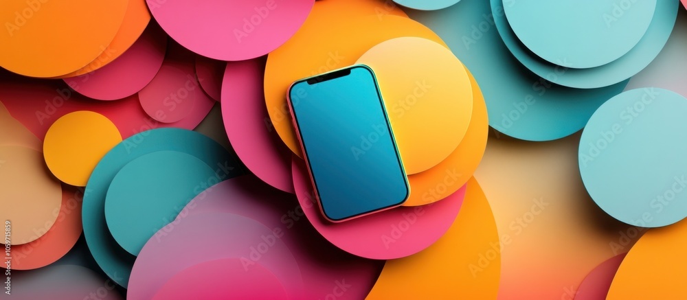 Poster a smartphone lies on a colorful background of overlapping circles.