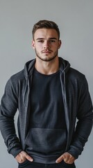 Obraz premium Confident Young Man in Casual Hoodie Against Gray Background