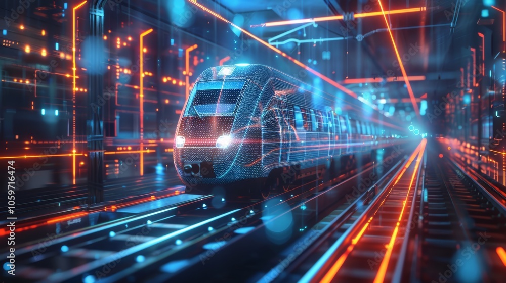 Poster futuristic wireframe train is moving through a digital tunnel, visualizing the future of transportat